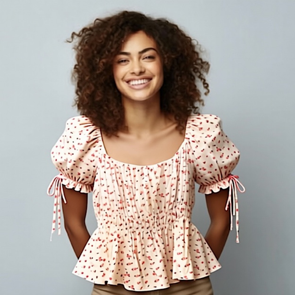 WILD LOVE Smocked Cream Floral Peasant Blouse with Pink Print